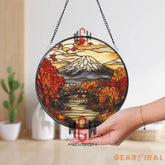 Mount Fuji Stained Glass Suncatcher Japanese Autumn Landscape Window Hanging Scenic Round Glass Art Japan Nature Decor